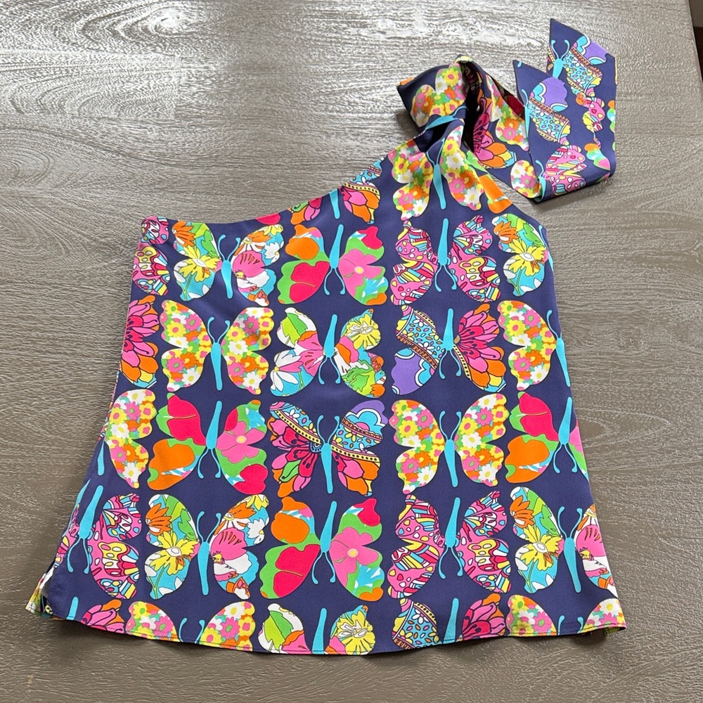 Lilly Pulitzer 🦋 Print Silk One Shoulder Blouse, size 2, like new